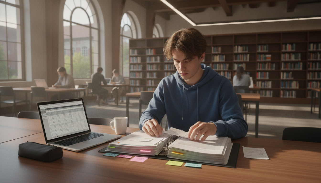 Student sortiert Belege und Quittungen für Werbungskosten in der Bibliothek