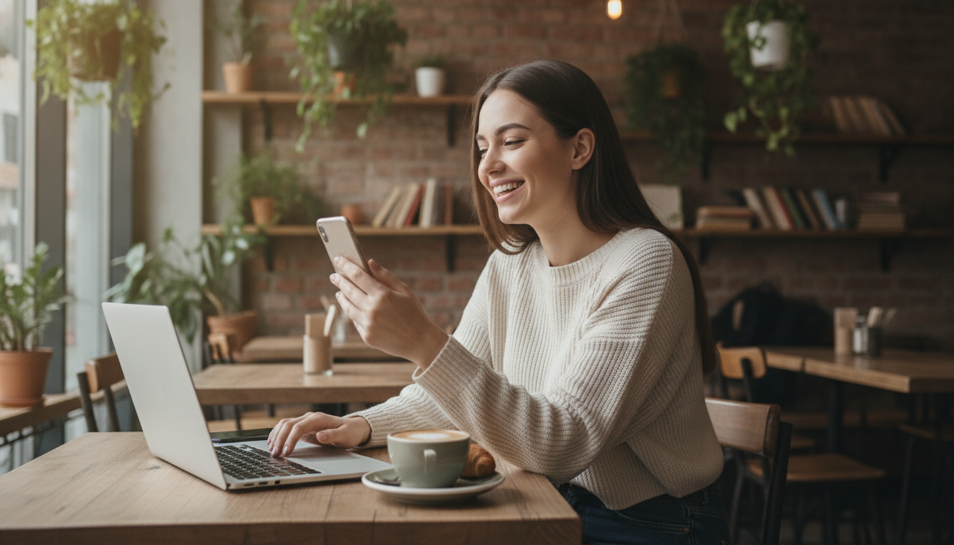 Junge Frau im Café freut sich über die Steuerrückerstattung auf dem Smartphone